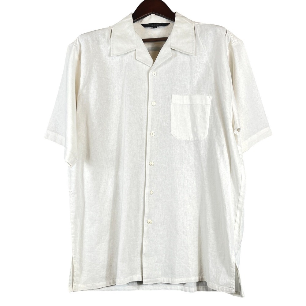 Mens XL Linen Blend Button Up Short Sleeve Camp Shirt Ivory Casual Resort Beach